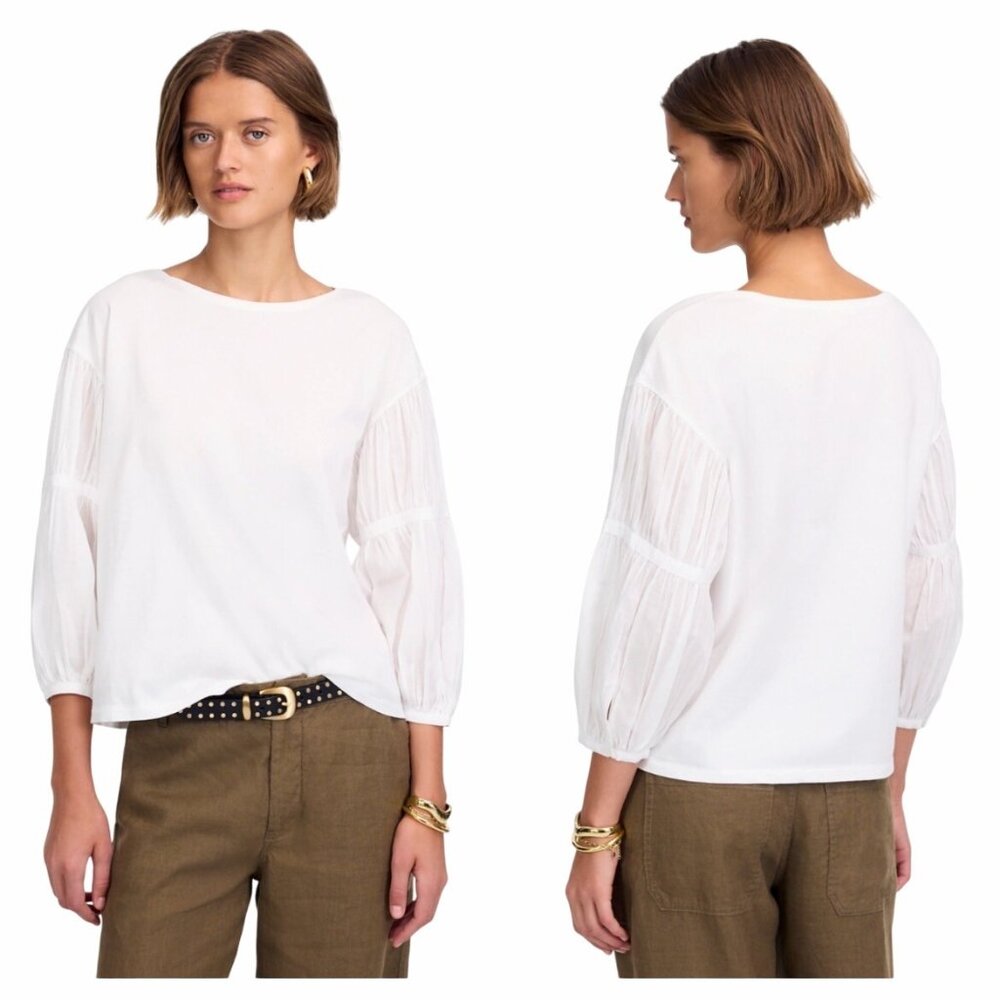 Madewell Womens Puff-Sleeve Blouse Drop-Shoulder Knit-Cotton Top Sz XS NWT